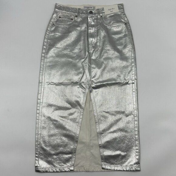 Abercrombie & Fitch Size 0 / 25 Silver White Metallic Y2K Denim Midi Skirt NWT - Picture 2 of 9